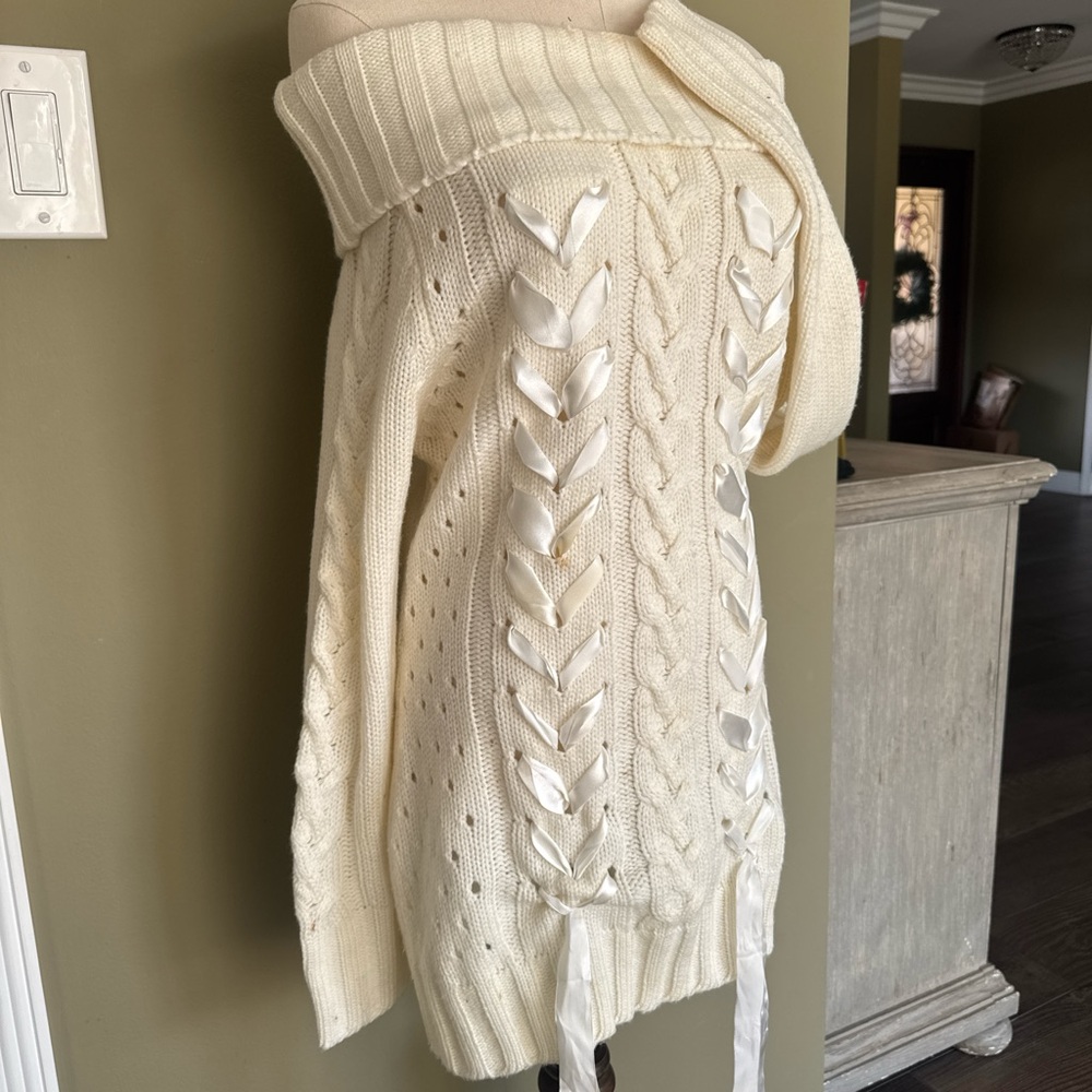 Cable Knit Sweater Dress With Satin Bow Detail